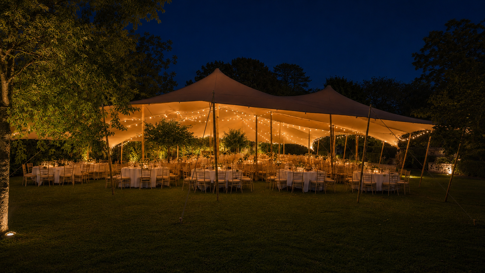 Carpa de boda iluminada de noche con guirnaldas cálidas